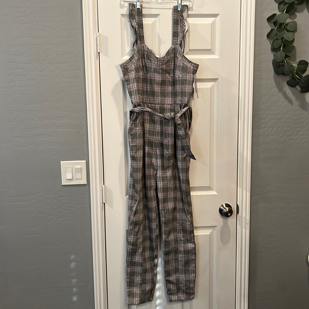 Tinseltown Belted Plaid Denim Jumpsuit